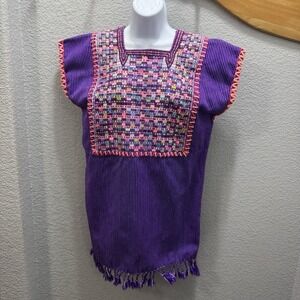 Handwoven Mexican Huipil Blouse Purple Embroidered Geometric Ethnic Boho Fringed